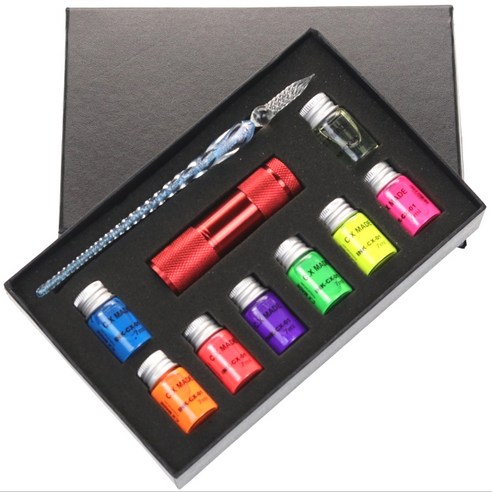 멜팅홈 형광잉크 크리스탈 유리 만년필 세트, 0.5mm, 블루