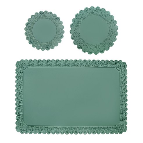 에이드엘 도일리 실리콘 테이블웨어 1인세트 3p, 카키, 테이블매트(가로 428mm x 세로 282mm), 컵받침(9cm, 11cm)