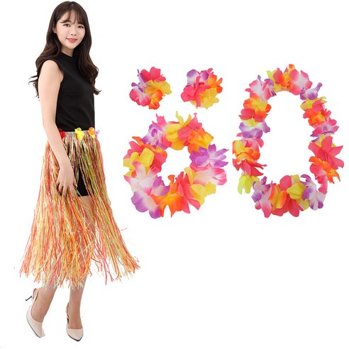 파티쇼 하와이파티훌라스커트 80cm + 파티꽃레이세트, 믹스, 1세트