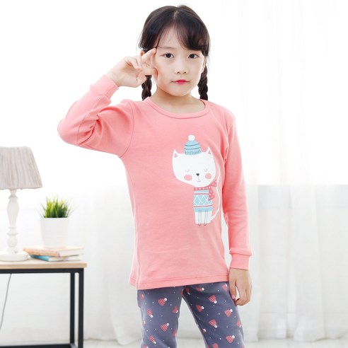애플스마일 여아용 오가닉 스노우캣 20수 실내복 상하의 세트