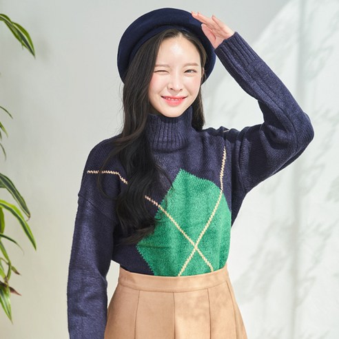 반에이크 오 여성용 루즈핏 아가일 폴라니트