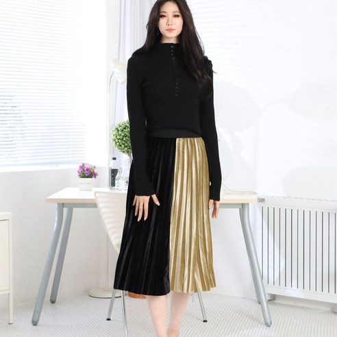 페이퍼먼츠 배색 투컬러 벨로아 플리츠 롱 스커트 7222