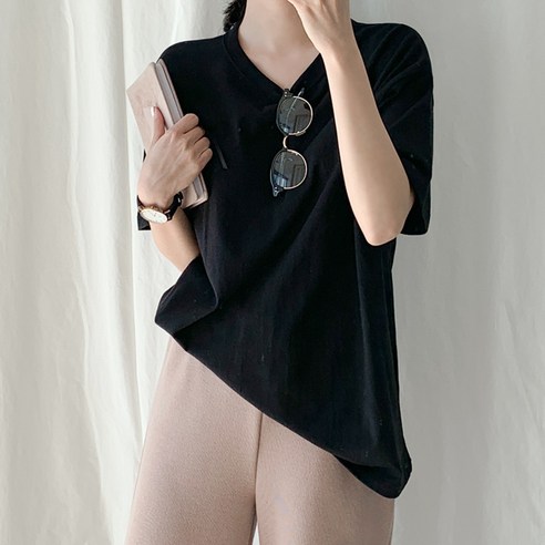 아모르데이 여성용 데일리 핏 라운드넥 기본 반팔 티셔츠