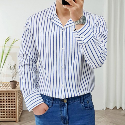 더클래식 남성용 스트라이프 스판 셔츠 오픈카라 565~3