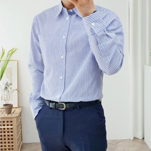 더클래식 남성용 포켓 스트라이프 오버핏 셔츠 일반카라 574~2, 블루