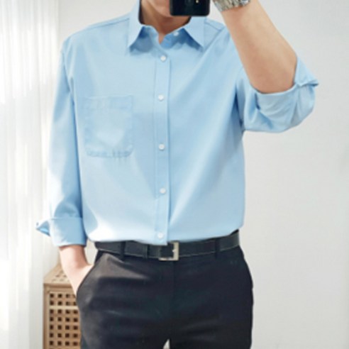 더클래식 남성용 오버핏 스판 링클프리 와이 카라 셔츠 남방, 스카이블루