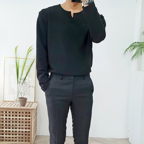 더클래식 남성용 엠보 V넥트임 긴팔 티셔츠