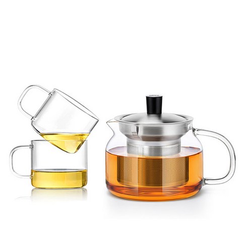 사마글라스 내열유리 스테인레스 필터 티포트 S043 + 찻잔 세트, 1세트, 티포트 470ml + 찻잔 150ml x 2p