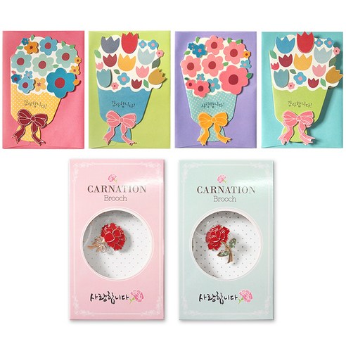 투영디자인 카네이션 사랑 브로치 2종 + 빈티지 꽃다발 카드 4종 세트, 혼합색상, 1세트