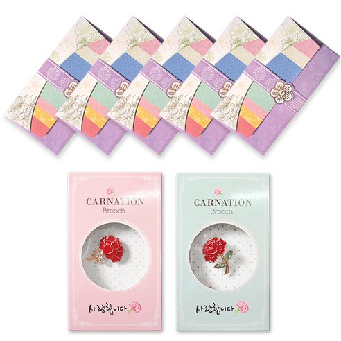 투영 카네이션 사랑 브로치 2종 + 전통모양 띠지 용돈봉투 5p, 보라, 1세트
