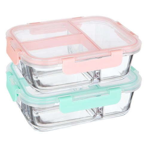 니코트 냉장냉동 글라스 3칸 나눔찬통 2p 세트 1500ml, 1세트, 찬통 민트 + 핑크