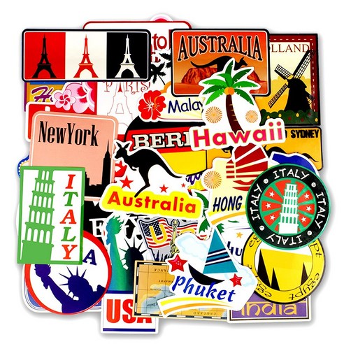 다양한 디자인의 세계각국 여행 캐리어 스티커