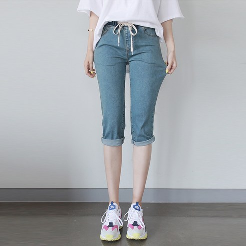 빼빼 여성용 데일리 7부 밴딩 데님팬츠