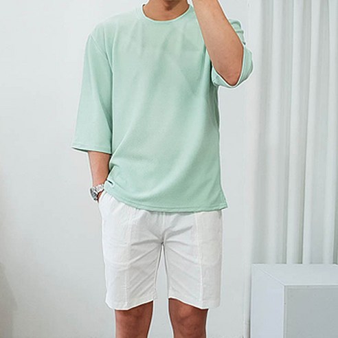 더클래식 남성용 오버핏 엠보 무지 7부 티셔츠