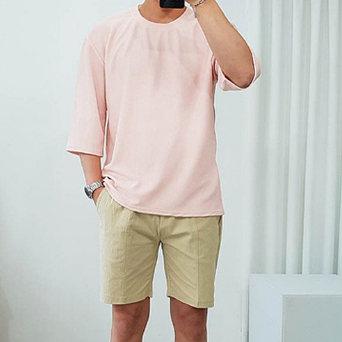 더클래식 남자 오버핏 엠보 빅사이즈 무지 7부 여름 반팔 티셔츠
