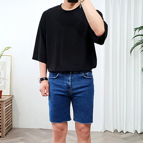 더클래식 남성용 오버핏 린넨 트임 7부 슬라브 롱 티셔츠