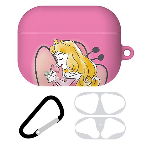 디즈니 워터컬러 프린세스 블루투스 이어폰 케이스 + 철가루 방지 스티커 + 카라비너, 에어팟 프로, 핑크 오로라