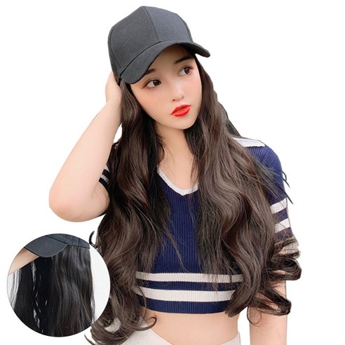 뿌이뿌이가발 여성 롱 웨이브 모자가발, 자연블랙, 1개