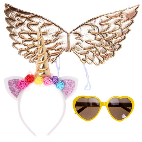 리빙다 스펀지 천사 날개 + 유니콘 머리띠 + 하트 모양 안경, 골드, 1세트