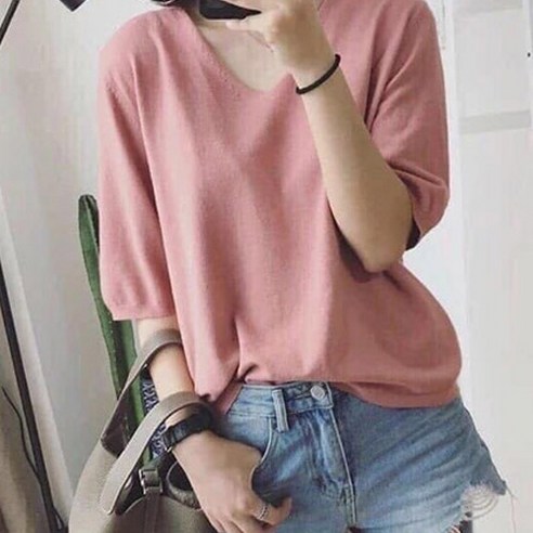 공블리 여성용 데일리 5부 V넥 반팔 니트 티셔츠