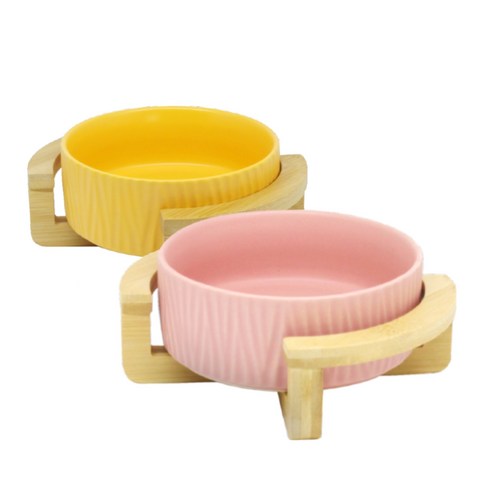 행복한 댕냥이 반려동물 도자기 식기 + 대나무 받침, 2개, 핑크, 옐로우