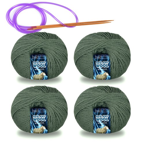 미소털실 뉴 애니 울 털실 50g x 4p + 줄바늘 세트, 1세트, 6028다크올리브그린