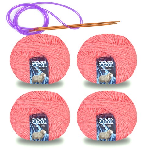 미소털실 뉴 애니 울 털실 50g x 4p + 줄바늘 세트, 1세트, 6006핑크