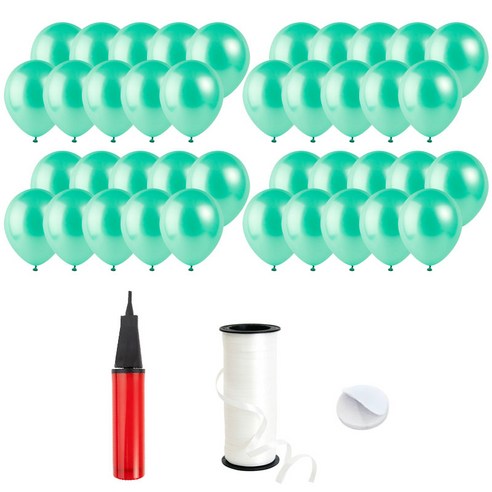 로켓풍선 30cm 200p + 손펌프 + 양면테이프 200p + 컬링리본 5mm x 90m, 펄 민트그린, 1세트