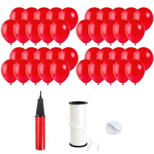 로켓풍선 30cm 200p + 손펌프 + 양면테이프 200p + 컬링리본 5mm x 90m, 펄 레드, 1세트
