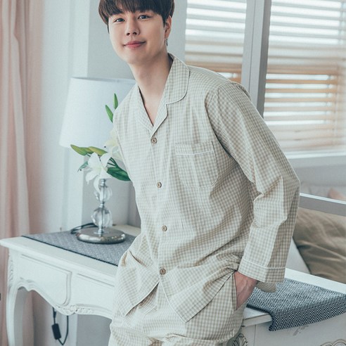 도씨 남성용 순면 긴팔 잠옷 카라 상하세트