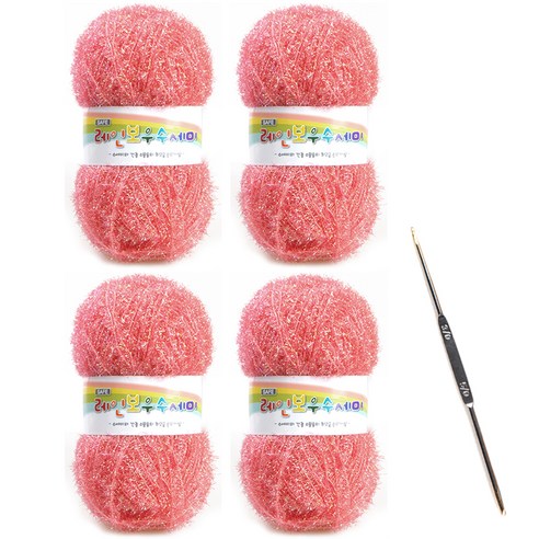 레인보우 펄 수세미실 80g x 4p + 코바늘 세트, 1세트, 28핑크