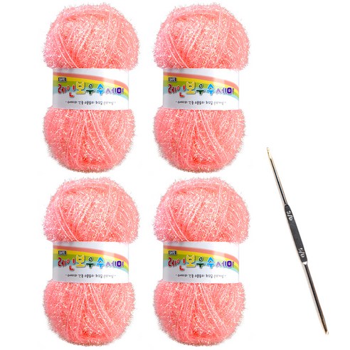 레인보우 펄 수세미실 80g x 4p + 코바늘 세트, 1세트, 26라이트코랄