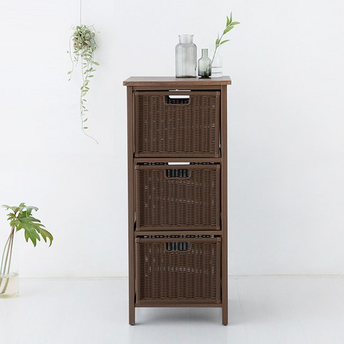 마켓비 알로타 폴딩 바스켓 선반 세트 라탄 WP3008, 다크브라운, 3단