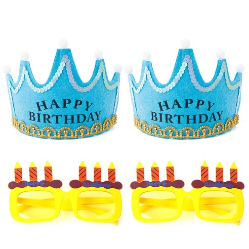 파티팡 LED 생일 왕관 블루 2p + 생일 촛불 안경 2p 세트, 옐로우, 1세트