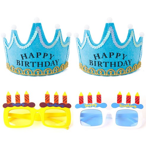 파티팡 LED 생일 왕관 블루 2p + 생일 촛불 안경 2종 세트, 옐로우, 화이트, 1세트