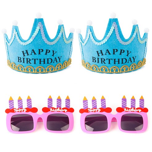 파티팡 LED 생일 왕관 블루 2p + 생일 촛불 안경 2p 세트, 핑크, 1세트