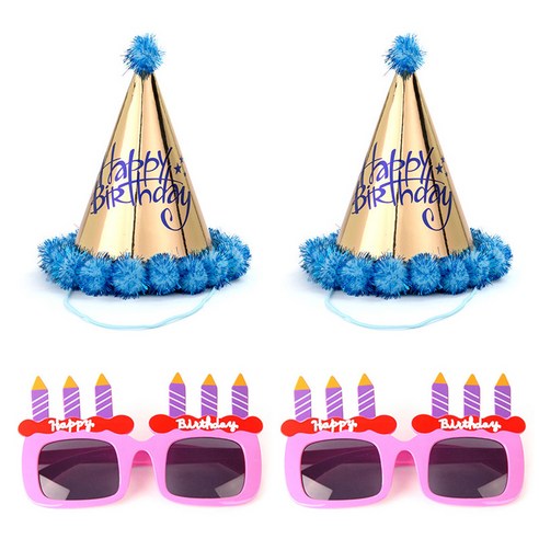 파티팡 솜방울 생일 고깔모자 금박 블루 2p + 생일 촛불 안경 2p 세트, 핑크, 1세트