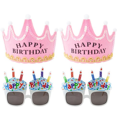 파티팡 LED 생일 왕관 핑크 2p + 생일 컵케익 안경 2p 세트, 화이트, 1세트