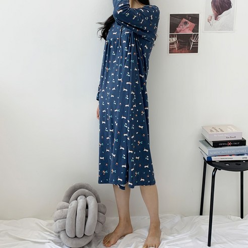 코지데이 여성용 수면 롱 홈웨어 파자마 기모단추 원피스