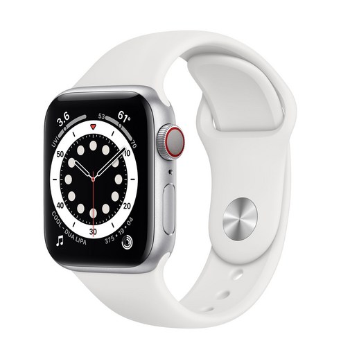Apple 2020년 애플워치 6 GPS + 셀룰러 40mm 레귤러, 40mm, GPS + Cellular, 실버 알루미늄 케이스, 화이트 스포츠 밴드