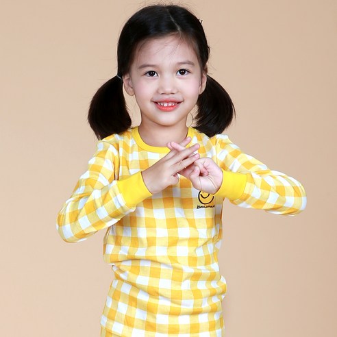 보누맘 아동용 스마일체크 옐로 30수 후라이스 실내복 상하세트