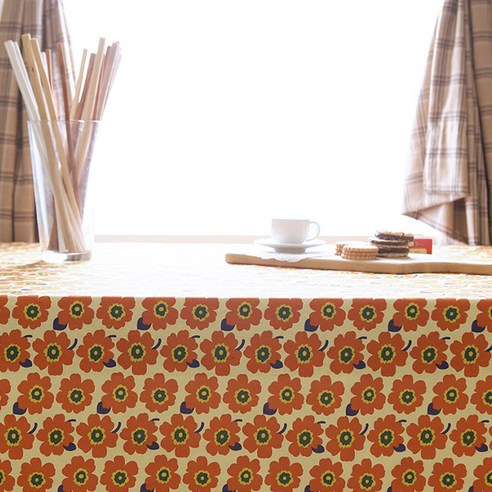 바이지미 레트로 style 플라워 테이블보, 오렌지(데이지), 2인(110 x 110 cm)
