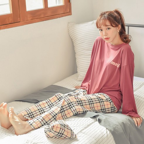 코코드림 여성용 레트로 체크 상하 잠옷 + 파우치 세트 HX2020