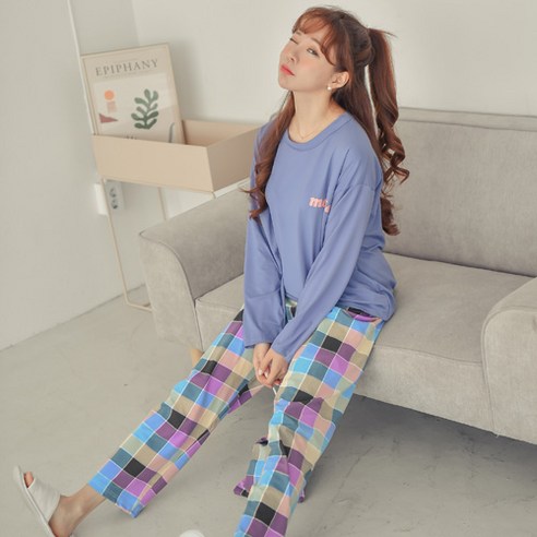 코코드림 여성용 레트로 체크 상하 잠옷 + 파우치 세트 HX2020