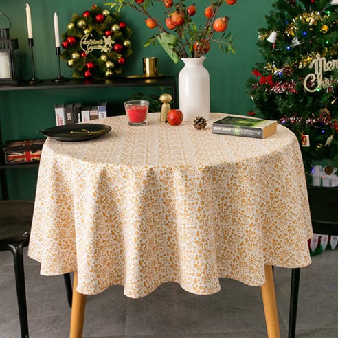 알럽홈 크리스마스 스탬핑 원형 식탁보, 옐로우, 100cm