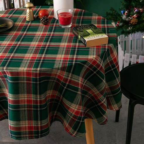 알럽홈 체크 원형 크리스마스 식탁보, 그린, 150cm