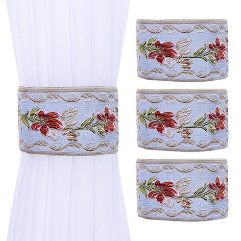 알럽홈 자수 벨크로 커튼 타이백 48 x 9 cm, 플라워블루, 4개