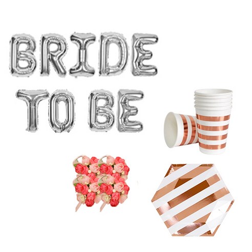 브라이덜샤워 소품 패키지 BRIDE TO BE 풍선 실버 + 꽃팔찌 미니로즈 핑크 4p + 테이블웨어 로즈골드, 혼합색상, 1세트