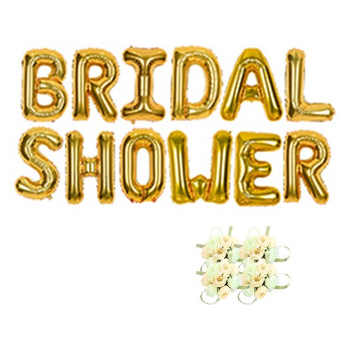 브라이덜샤워 소품 패키지 BRIDAL SHOWER 풍선 골드 + 꽃팔찌 미니로즈 피치 4p