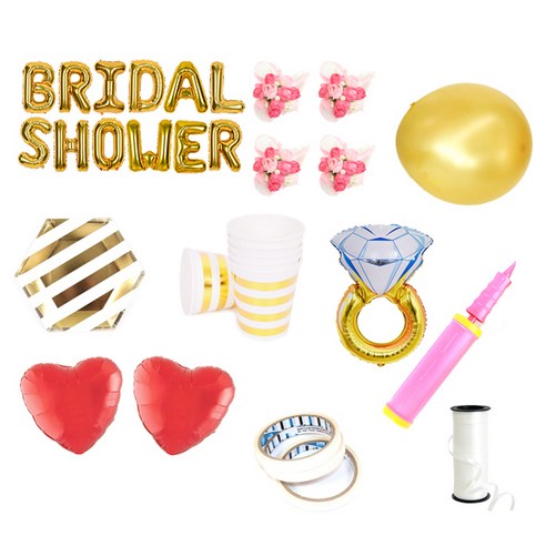 브라이덜샤워 레터링 풍선 BRIDAL SHOWER 35cm 소품 + 테이블웨어 패키지, 골드(레터링 풍선, 펄 풍선 세트), 핑크(꽃팔찌), 마블(테이블웨어), 1세트
